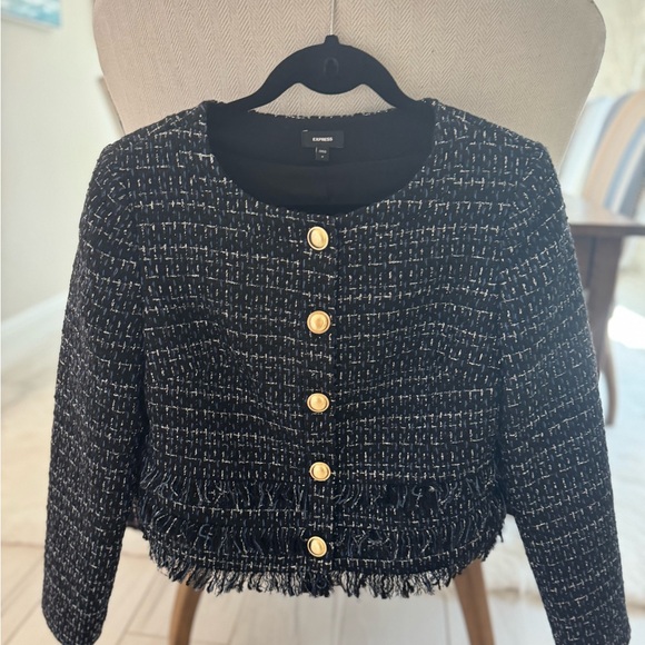 Express Jackets & Blazers - Express Black Tweed Fringe Jacket with Gold Buttons